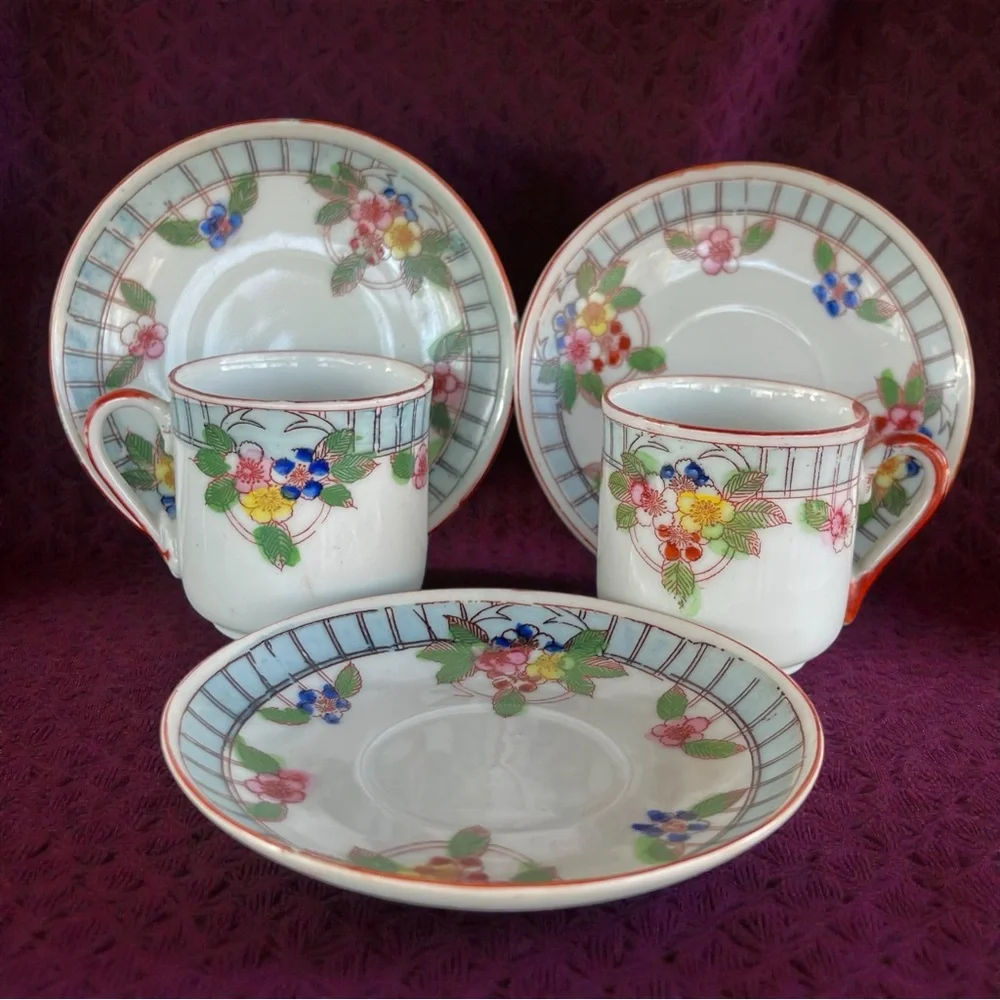 Post War Floral Patterned Porcelain Demitasse Teacup Saucer 5pc. Set